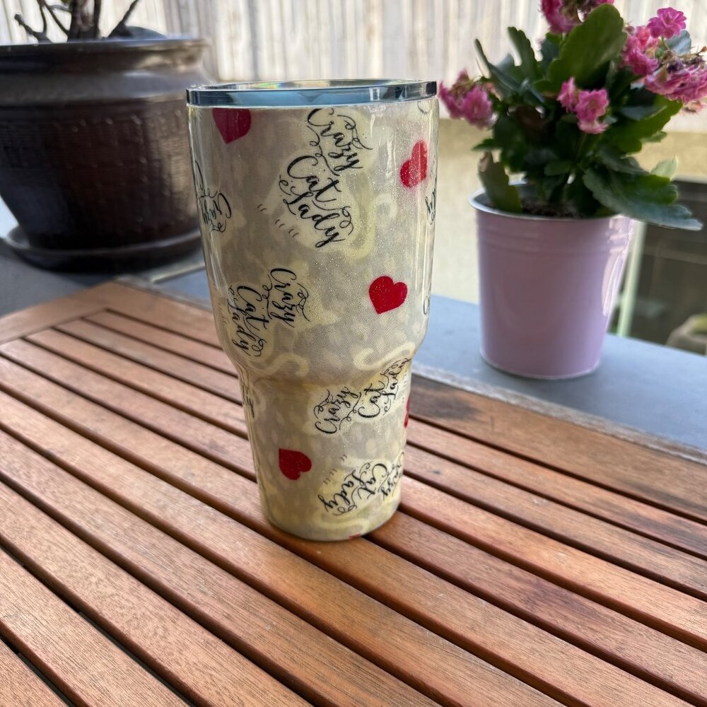 "Crazy Cat Lady" Stainless Steel Insulated Tumbler With Heart Print